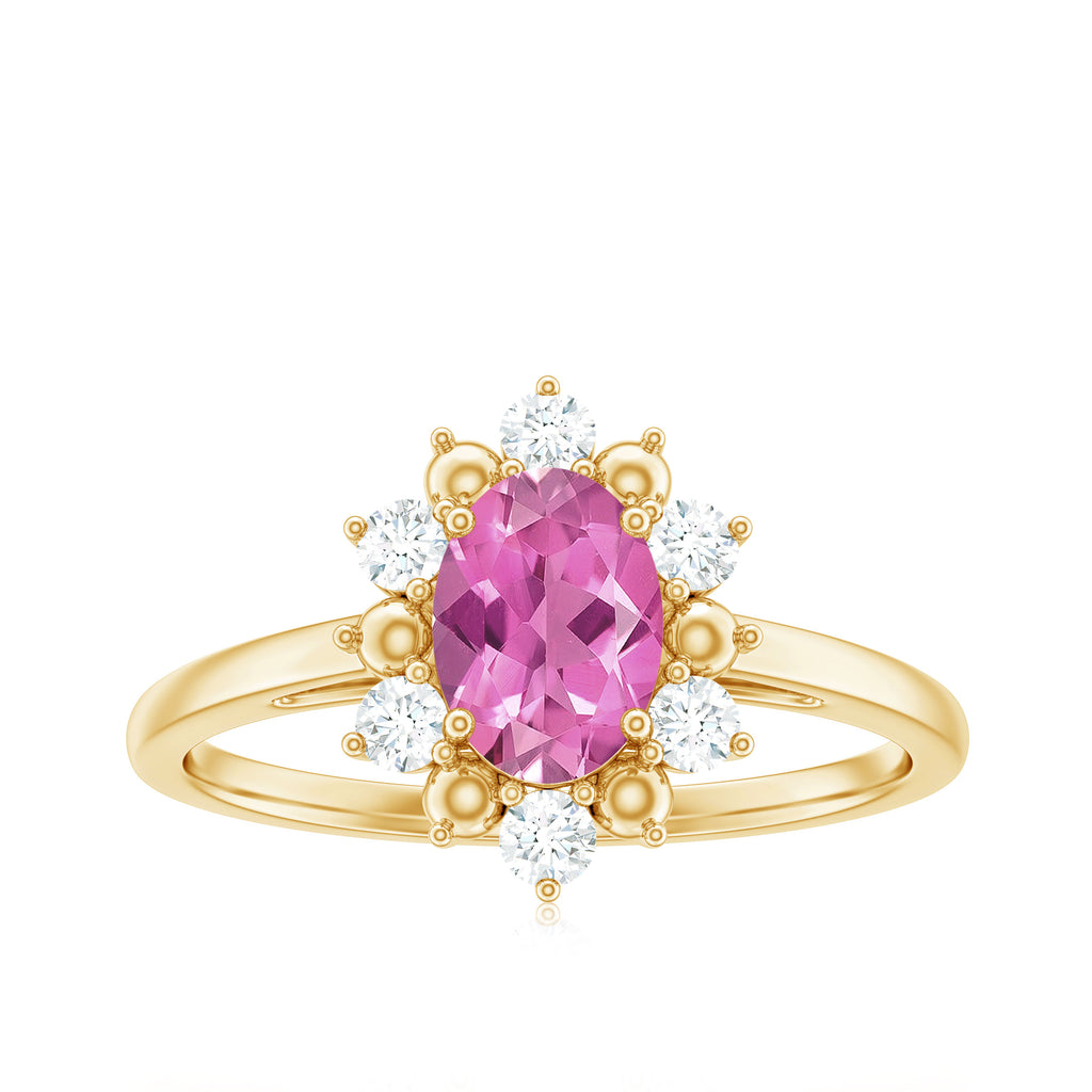 Oval Pink Tourmaline Floral Halo Engagement Ring with Diamond Pink Tourmaline - ( AAA ) - Quality - Rosec Jewels