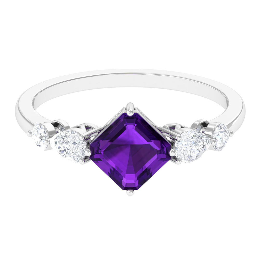 Asscher Cut Amethyst Solitaire Ring with Moissanite Side Stone Amethyst - ( AAA ) - Quality - Rosec Jewels