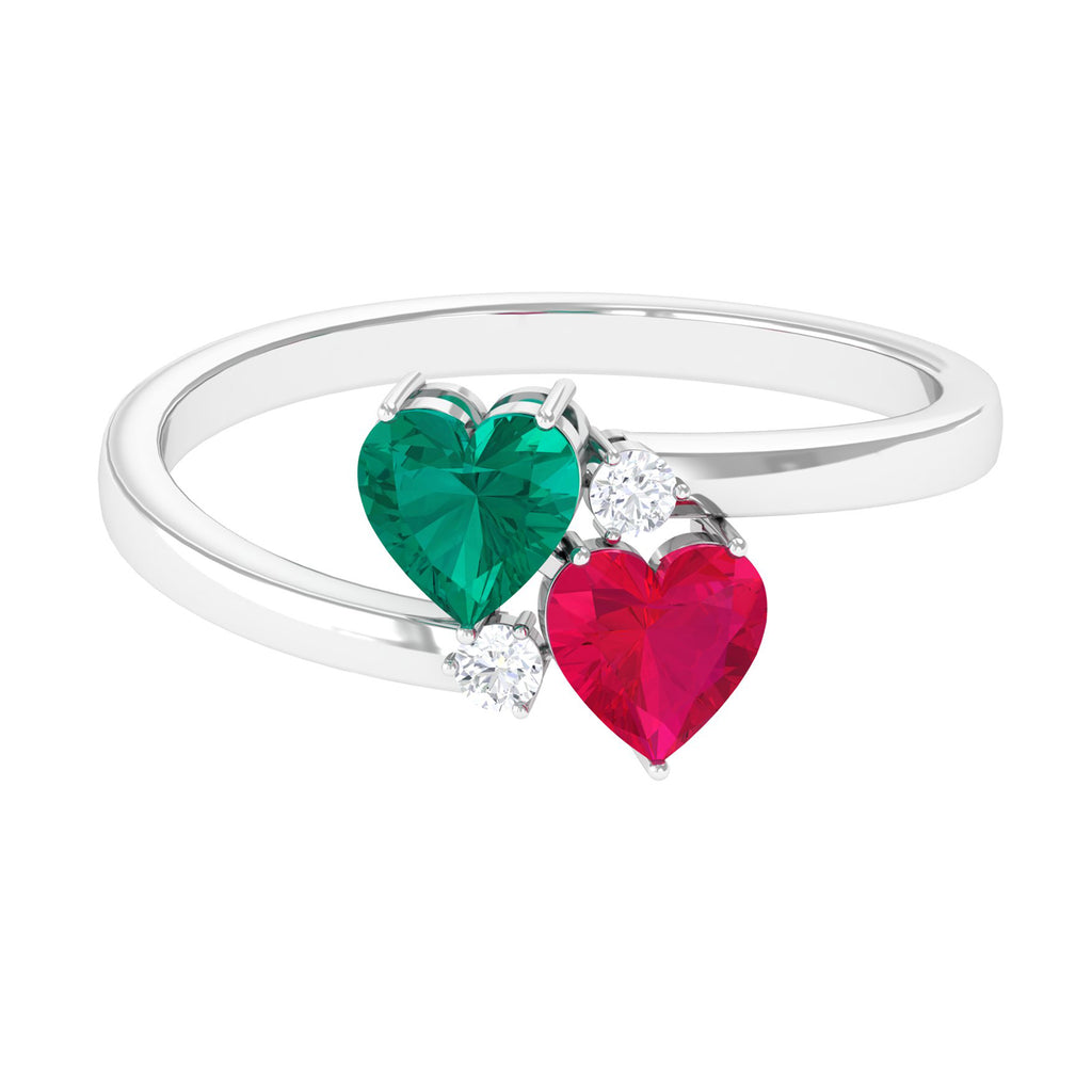 3/4 CT Emerald and Ruby Moi et Toi Heart Engagement Ring with Moissanite Emerald - ( AAA ) - Quality - Rosec Jewels