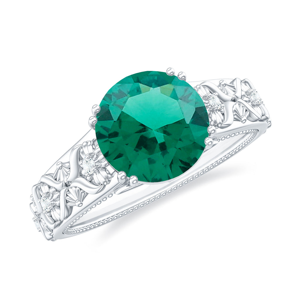 Solitaire Created Emerald Flower Engagement Ring with Diamond Lab Created Emerald - ( AAAA ) - Quality - Rosec Jewels