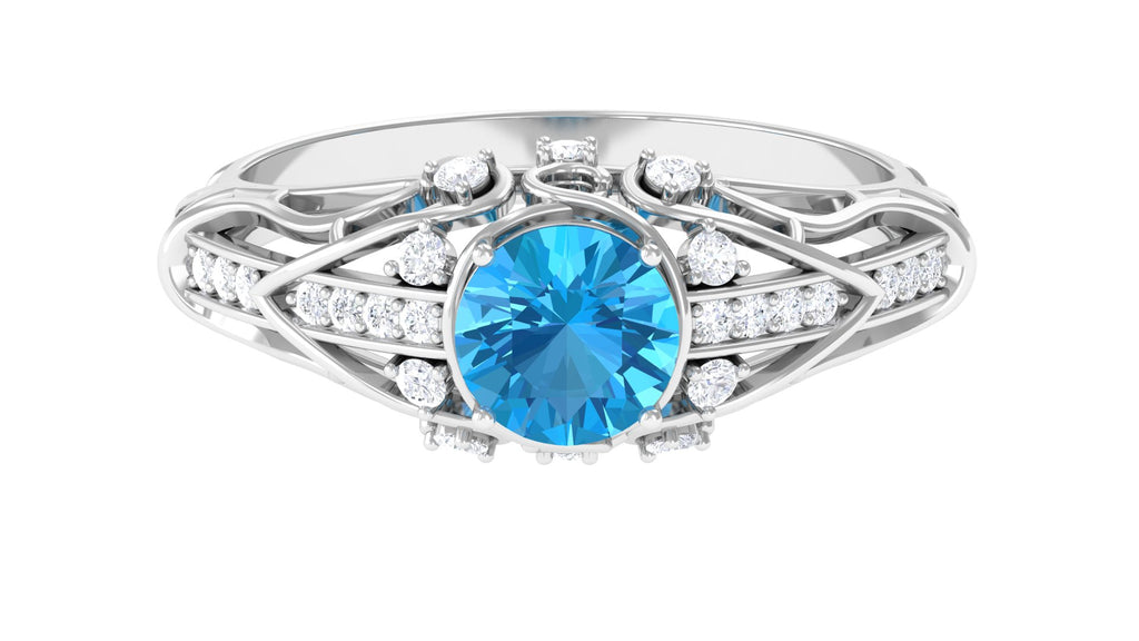 1 CT Vintage Inspired Swiss Blue Topaz Engagement Ring with Diamond Swiss Blue Topaz - ( AAA ) - Quality - Rosec Jewels