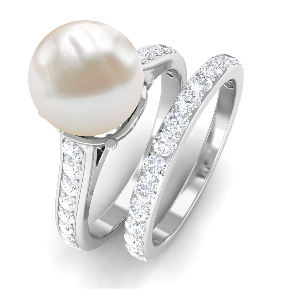 Classic Freshwater Pearl and Moissanite Wedding Ring Set Freshwater Pearl - ( AAA ) - Quality - Rosec Jewels