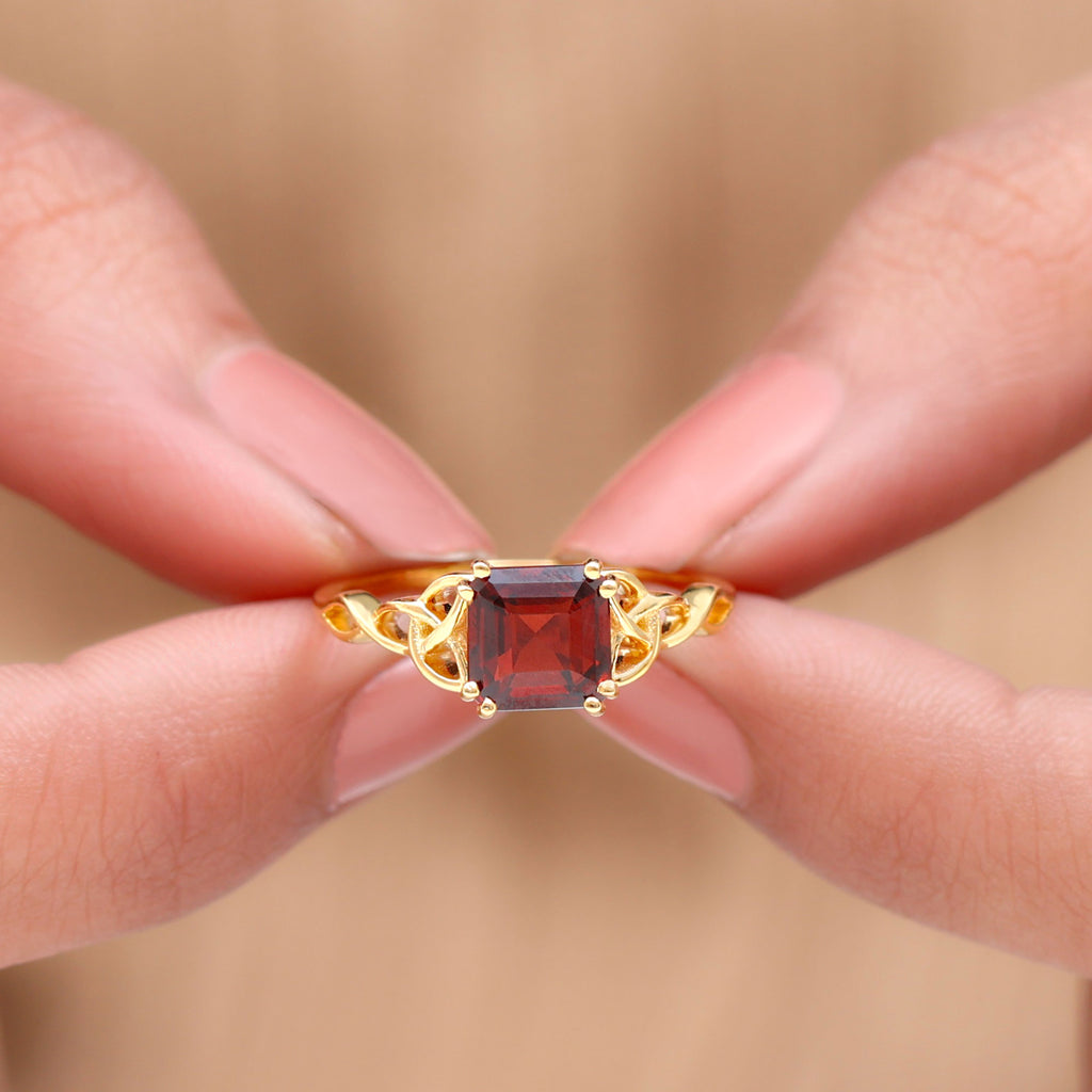 Asscher Cut Solitaire Garnet Celtic Knot Ring in Gold Garnet - ( AAA ) - Quality - Rosec Jewels