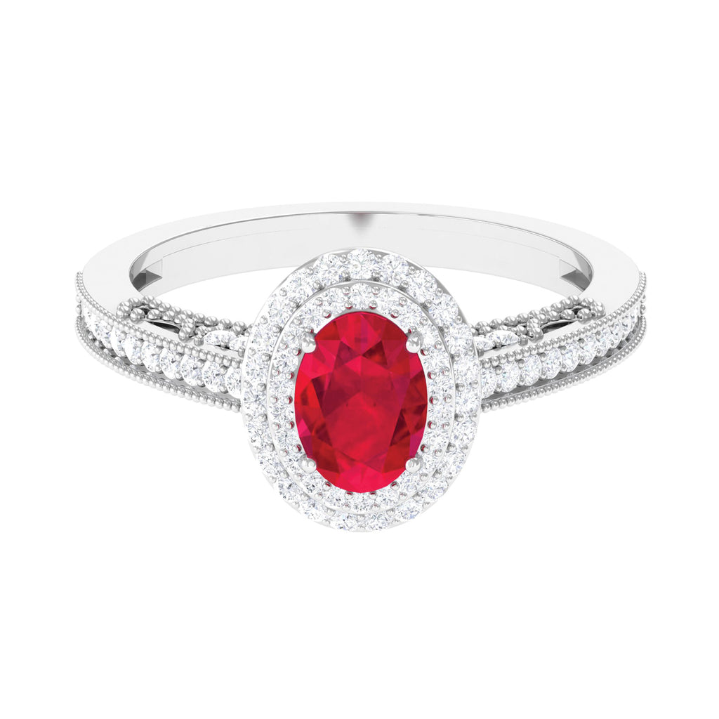 Oval Created Ruby Double Halo Engagement Ring with Diamond Lab Created Ruby - ( AAAA ) - Quality - Rosec Jewels