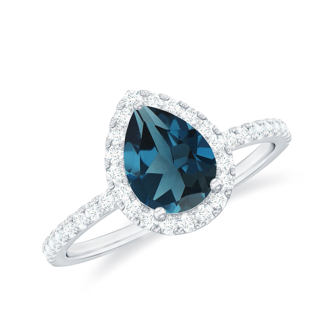 1.5 CT Teardrop London Blue Topaz Ring with Moissanite Halo London Blue Topaz - ( AAA ) - Quality - Rosec Jewels