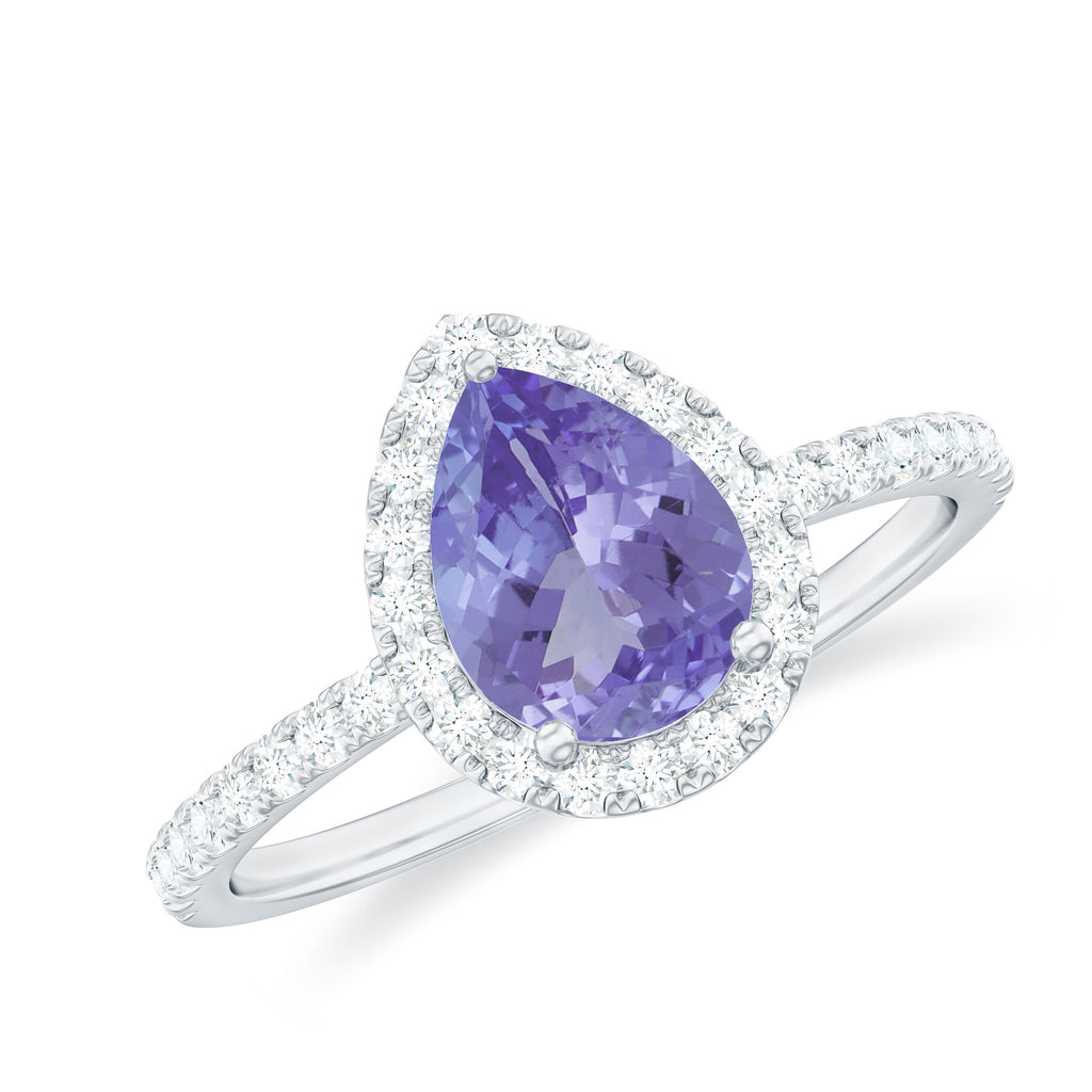 Real Tanzanite Teardrop Engagement Ring with Diamond Halo Tanzanite - ( AAA ) - Quality - Rosec Jewels