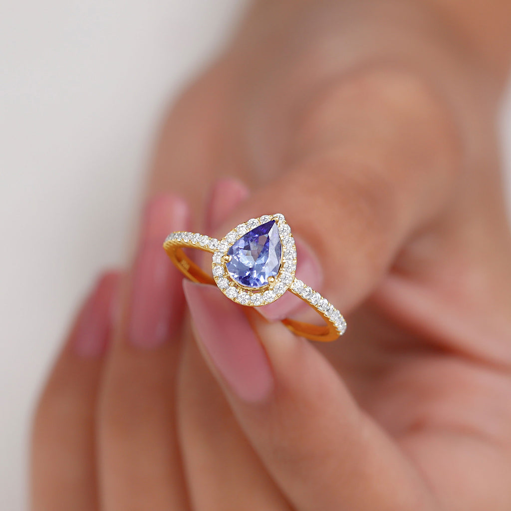 Real Tanzanite Teardrop Engagement Ring with Diamond Halo Tanzanite - ( AAA ) - Quality - Rosec Jewels