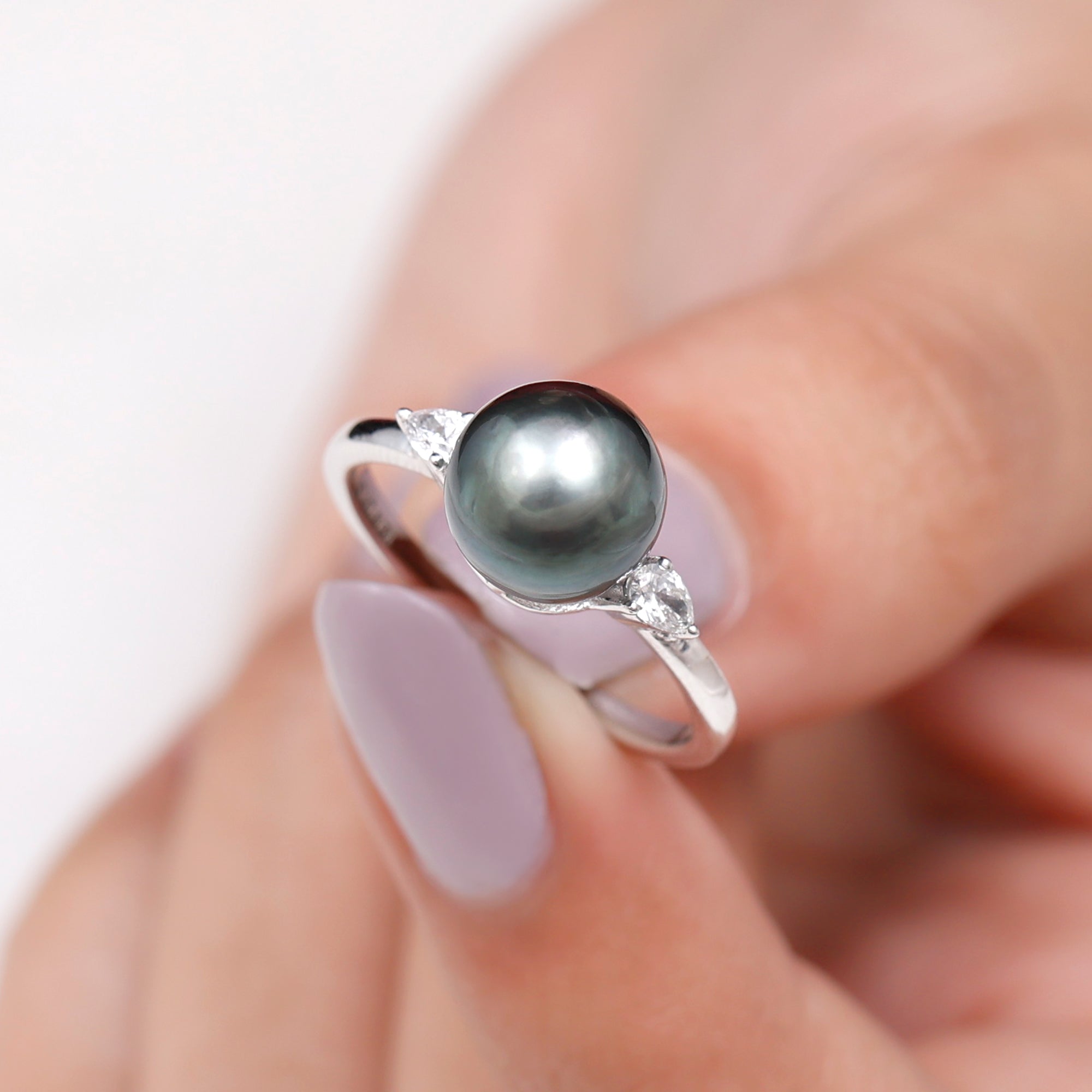 Round Tahitian Pearl Solitaire Ring with Pear Shape Moissanite Tahitian pearl - ( AAA ) - Quality - Rosec Jewels