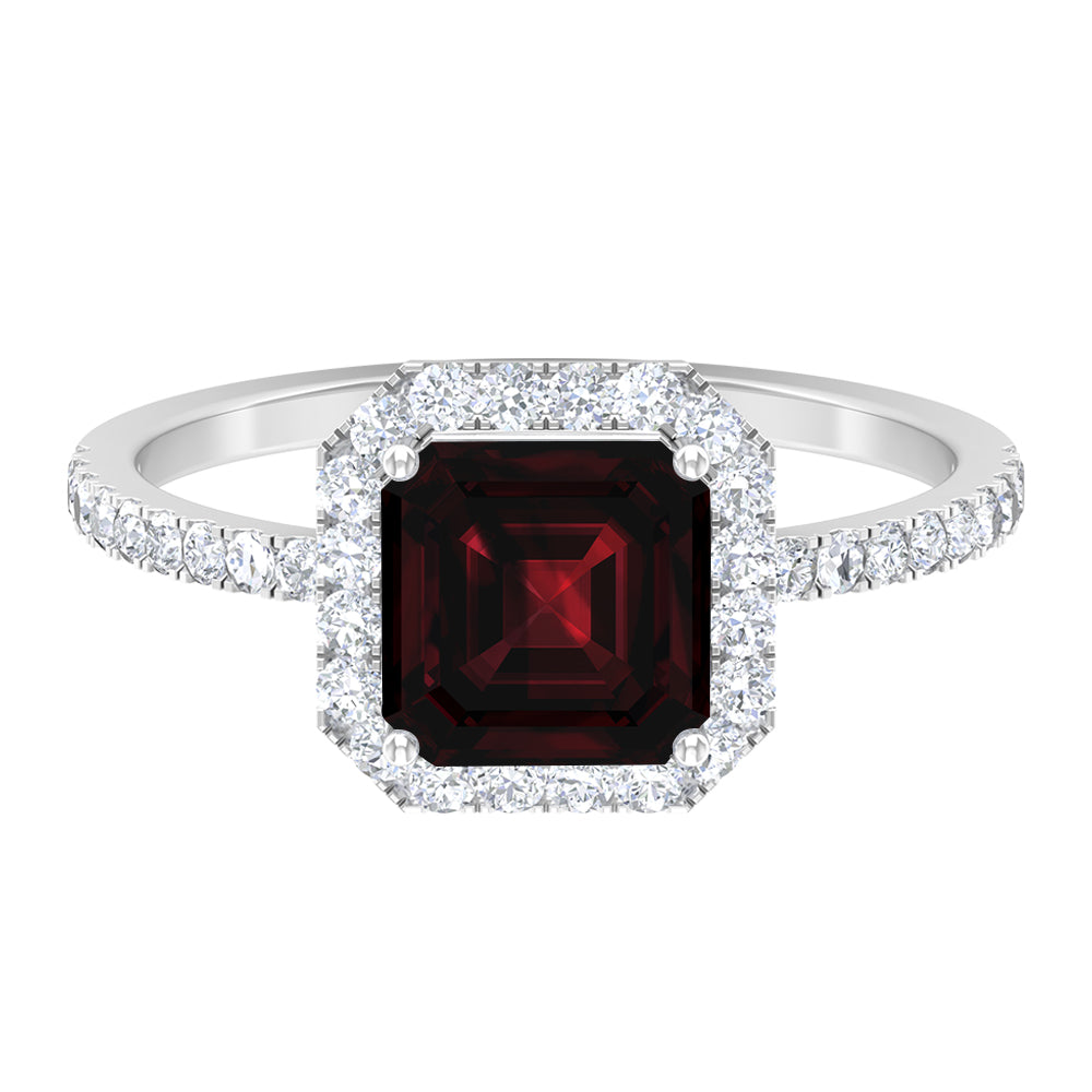 Asscher Cut Garnet Halo Engagement Ring with Diamond Garnet - ( AAA ) - Quality - Rosec Jewels