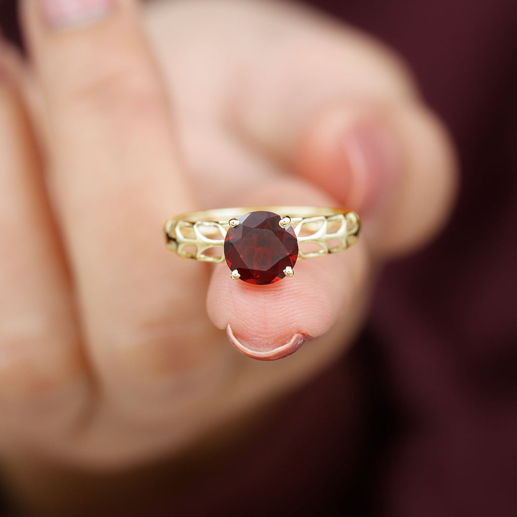 Round Shape Garnet Solitaire and Filigree Ring Garnet - ( AAA ) - Quality - Rosec Jewels