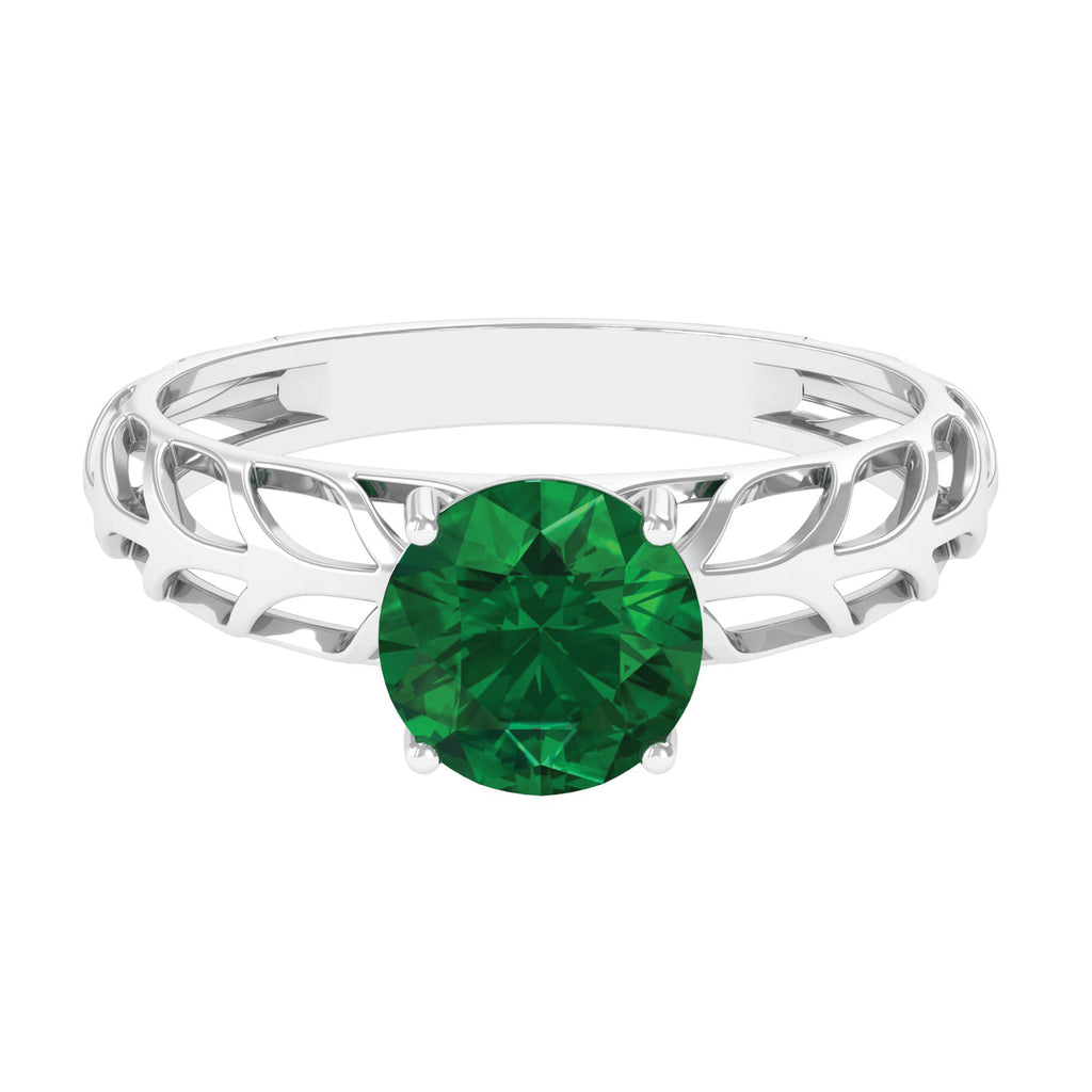8 MM Round Created Emerald Solitaire Engagement Ring with Gold Filigree Details Lab Created Emerald - ( AAAA ) - Quality - Rosec Jewels