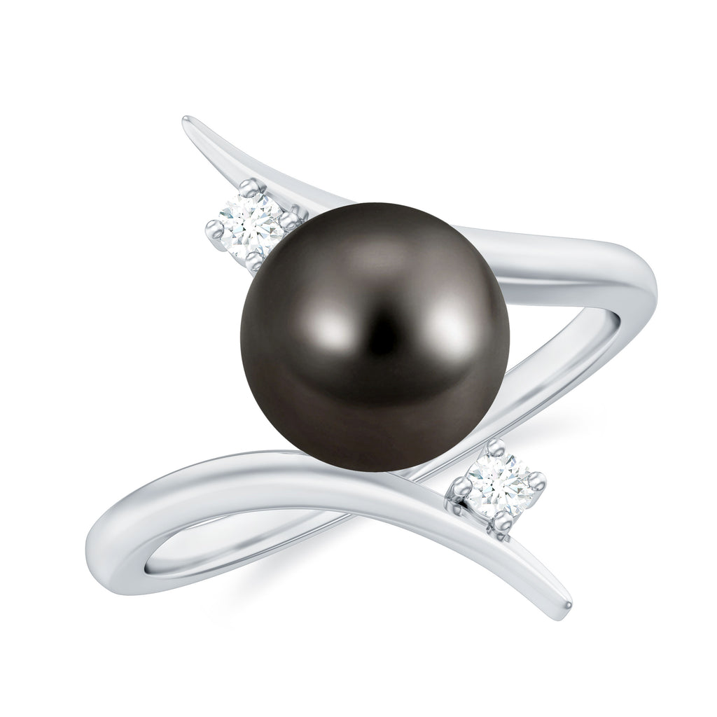 Tahitian Black Pearl Bypass Engagement Ring with Diamond Tahitian pearl - ( AAA ) - Quality - Rosec Jewels