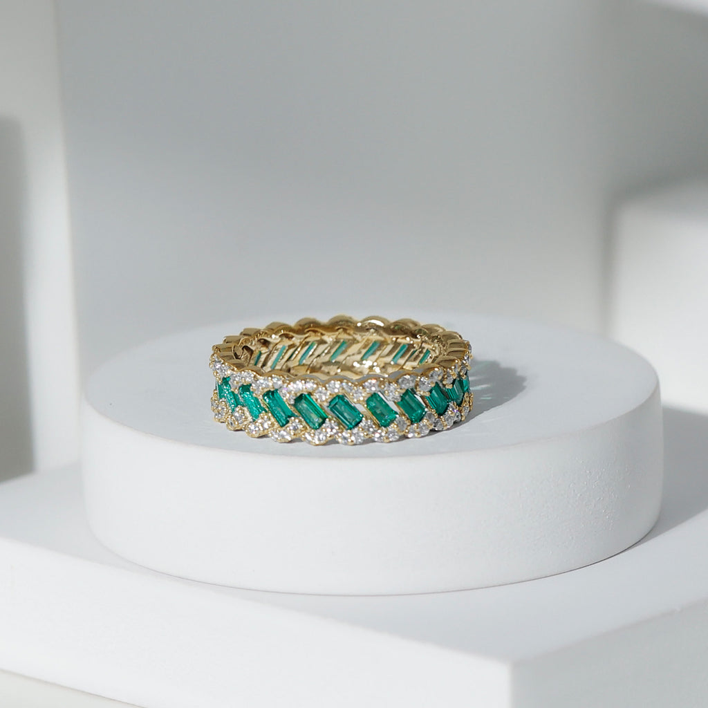 Lab Grown Emerald and Moissanite Braided Eternity Band Lab Created Emerald - ( AAAA ) - Quality - Rosec Jewels