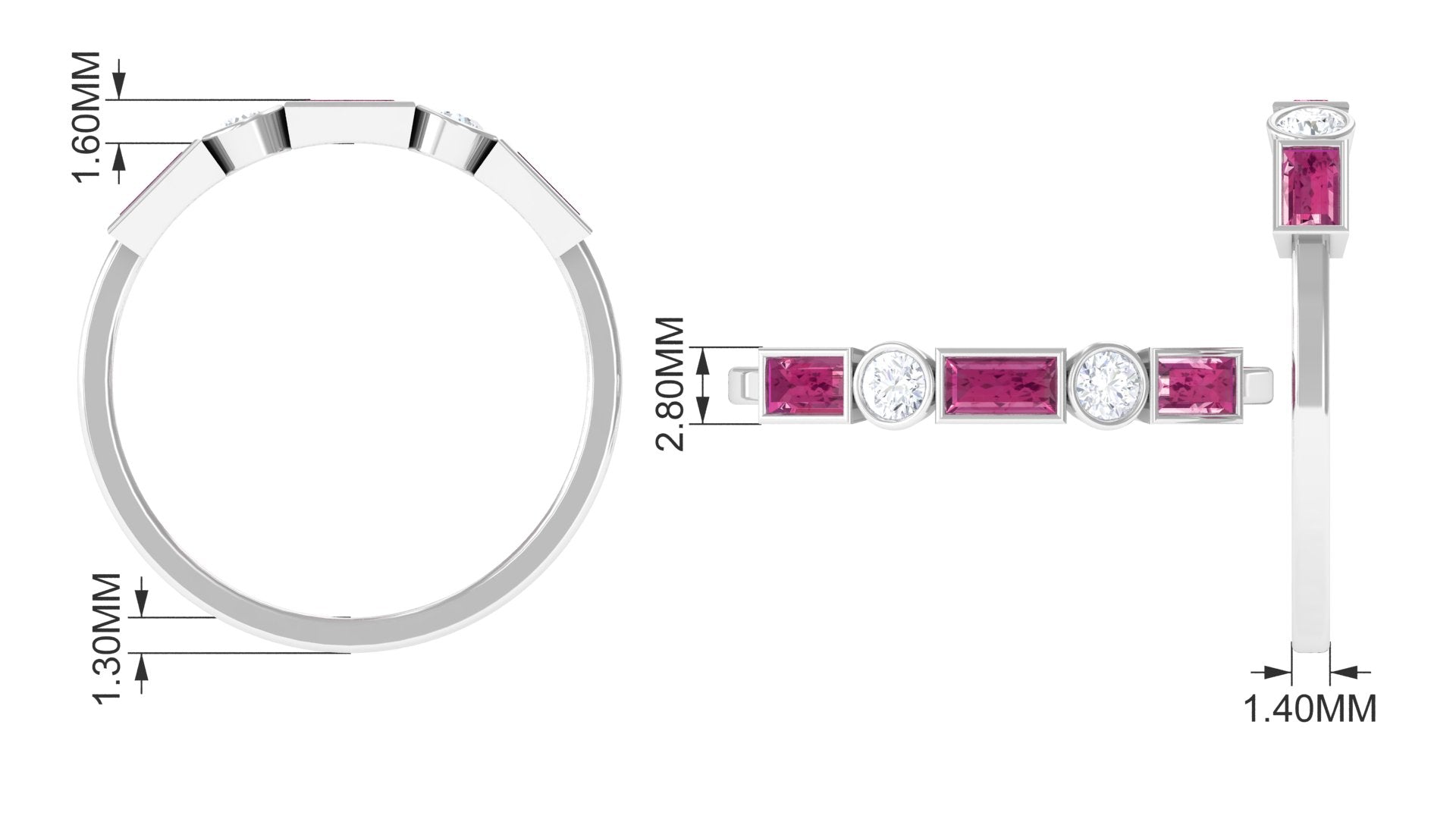 1/2 CT Pink Tourmaline and Moissanite Stackable Ring in Bezel Setting Pink Tourmaline - ( AAA ) - Quality - Rosec Jewels
