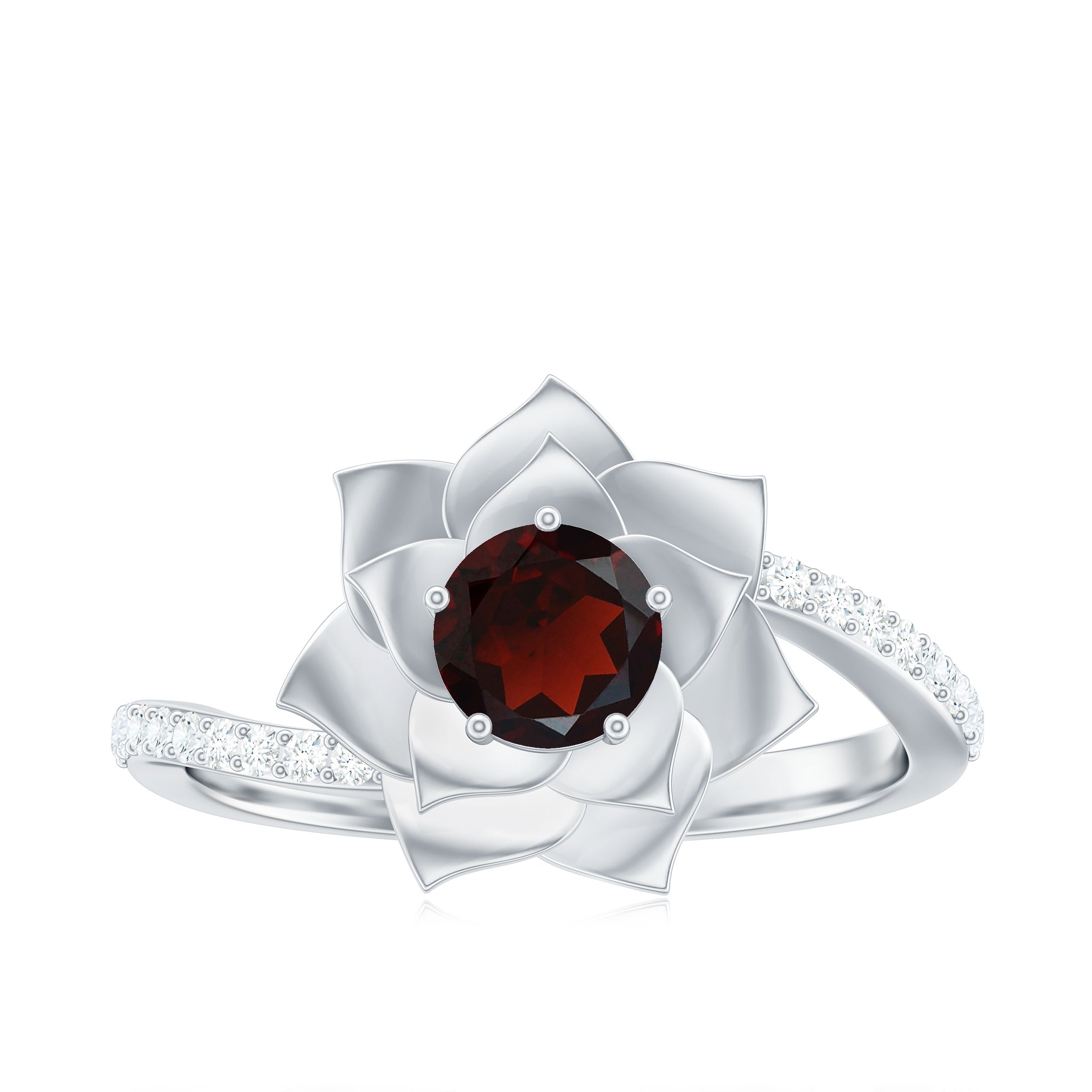Flower Inspired Garnet Bypass Engagement Ring with Diamond Garnet - ( AAA ) - Quality - Rosec Jewels