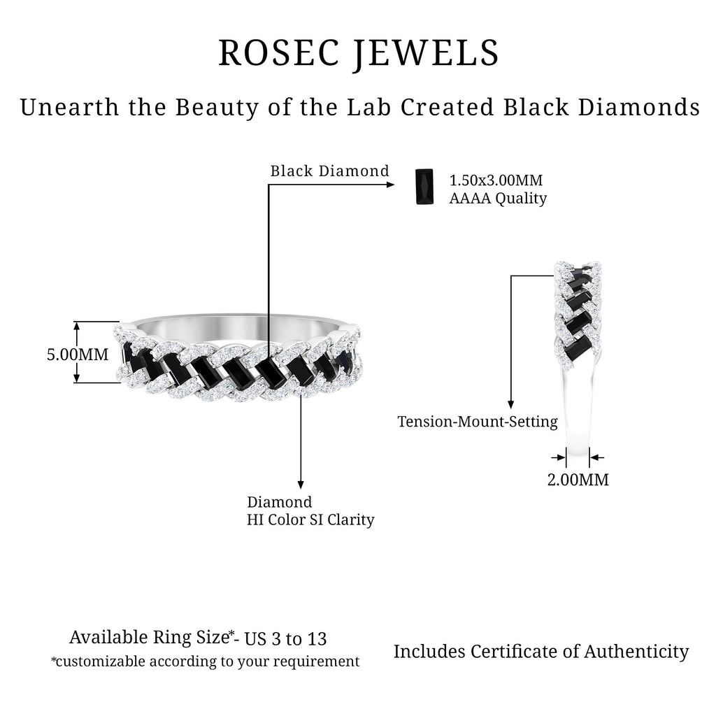 Baguette Created Black Diamond and Diamond Braided Half Eternity Band Ring Lab Created Black Diamond - ( AAAA ) - Quality - Rosec Jewels