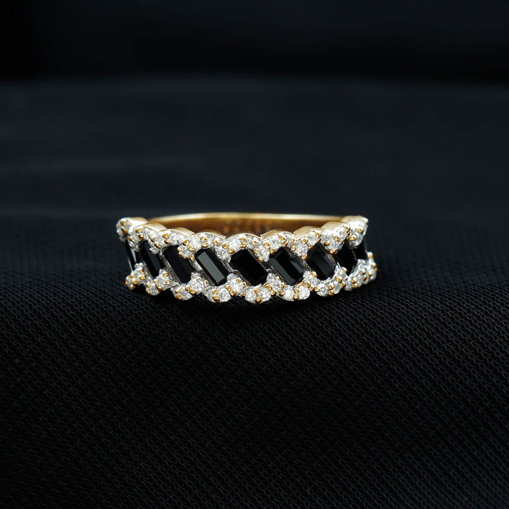 Baguette Created Black Diamond and Diamond Braided Half Eternity Band Ring Lab Created Black Diamond - ( AAAA ) - Quality - Rosec Jewels