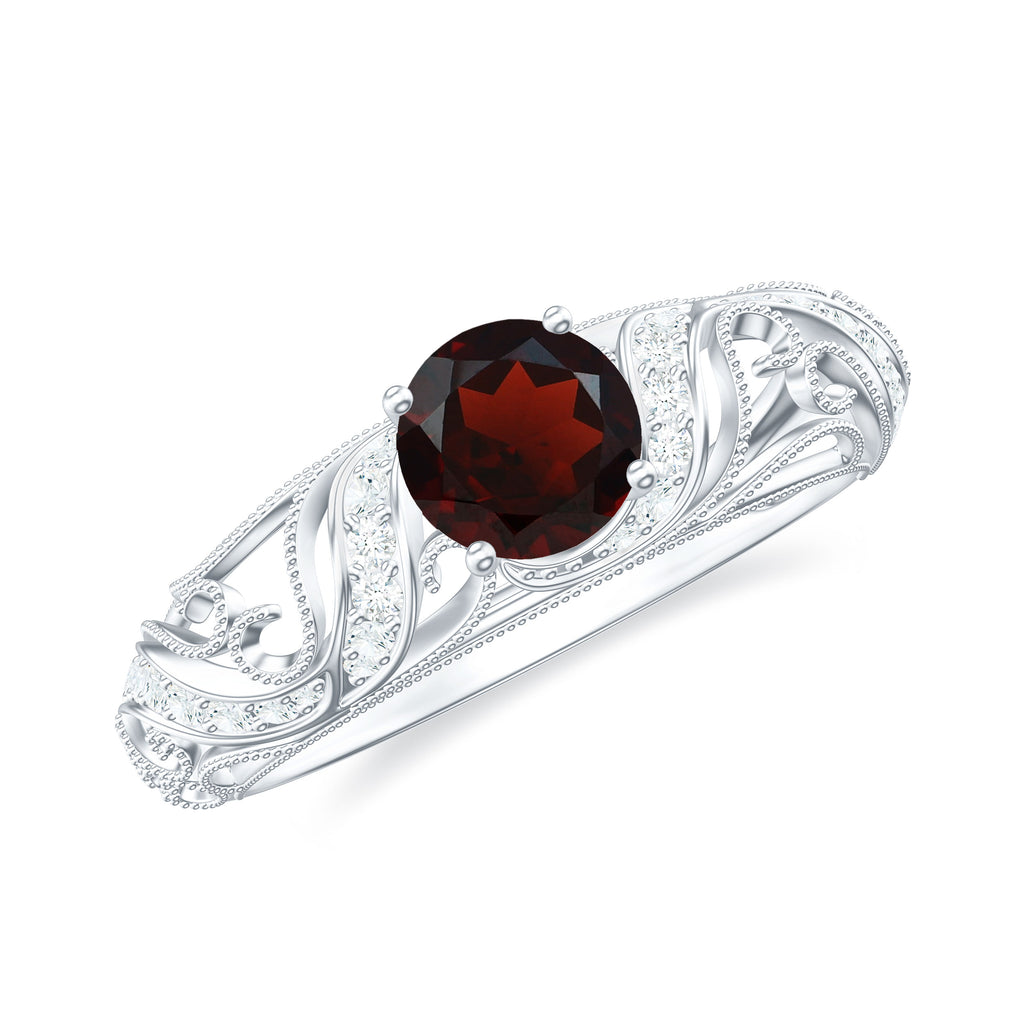 1 CT Round Shape Garnet and Diamond Cutout Vintage Ring with Milgrain Details Garnet - ( AAA ) - Quality - Rosec Jewels