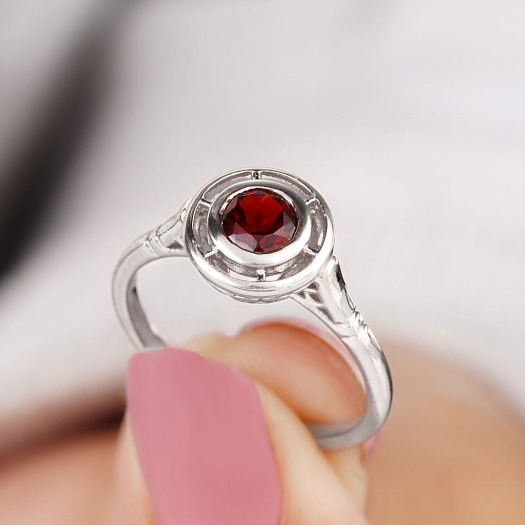 Vintage Style Bezel Set Garnet Solitaire Ring Garnet - ( AAA ) - Quality - Rosec Jewels