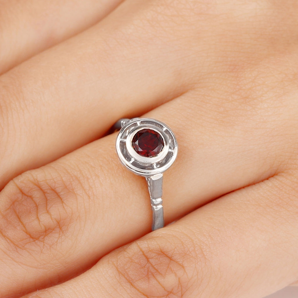 Vintage Style Bezel Set Garnet Solitaire Ring Garnet - ( AAA ) - Quality - Rosec Jewels