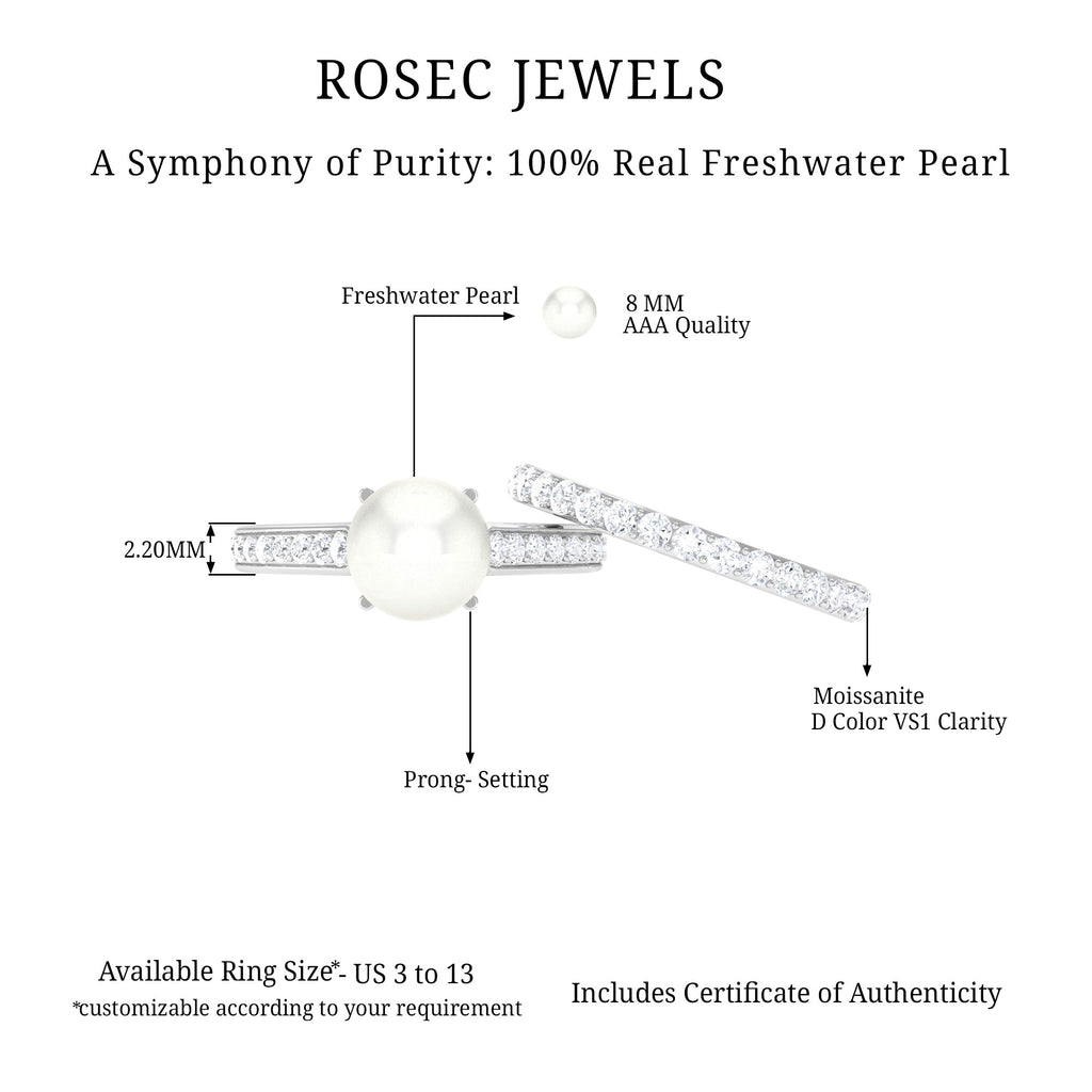 9.25 CT Freshwater Pearl and Moissanite Wedding Ring Set Freshwater Pearl - ( AAA ) - Quality - Rosec Jewels