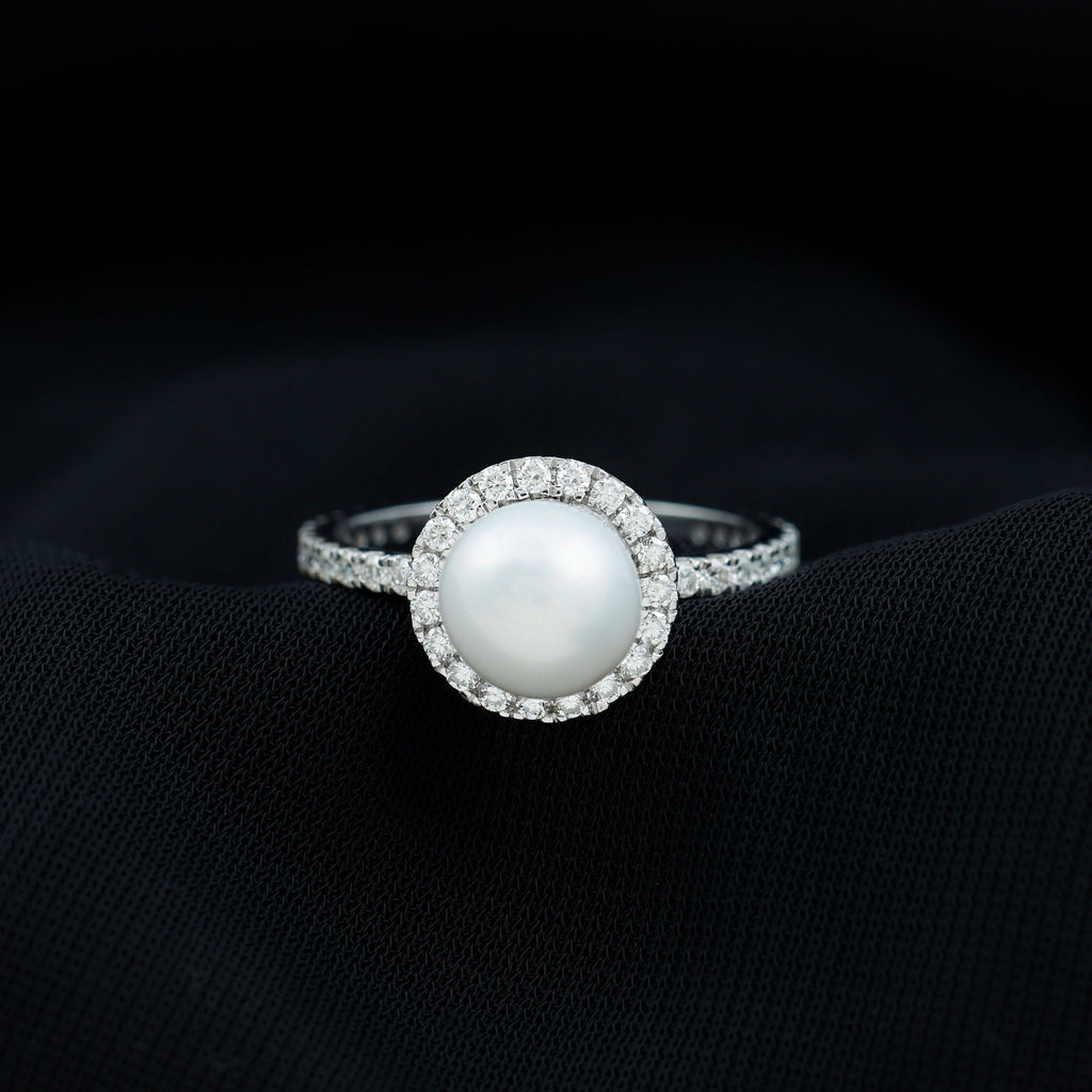 8 MM Freshwater Pearl and Diamond Floating Halo Engagement Ring Freshwater Pearl - ( AAA ) - Quality - Rosec Jewels