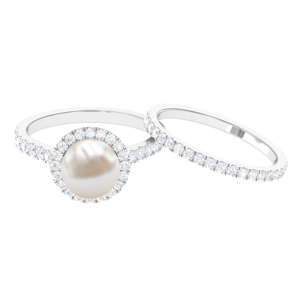 Freshwater Pearl and Moissanite Halo Wedding Ring Set in Gold Freshwater Pearl - ( AAA ) - Quality - Rosec Jewels