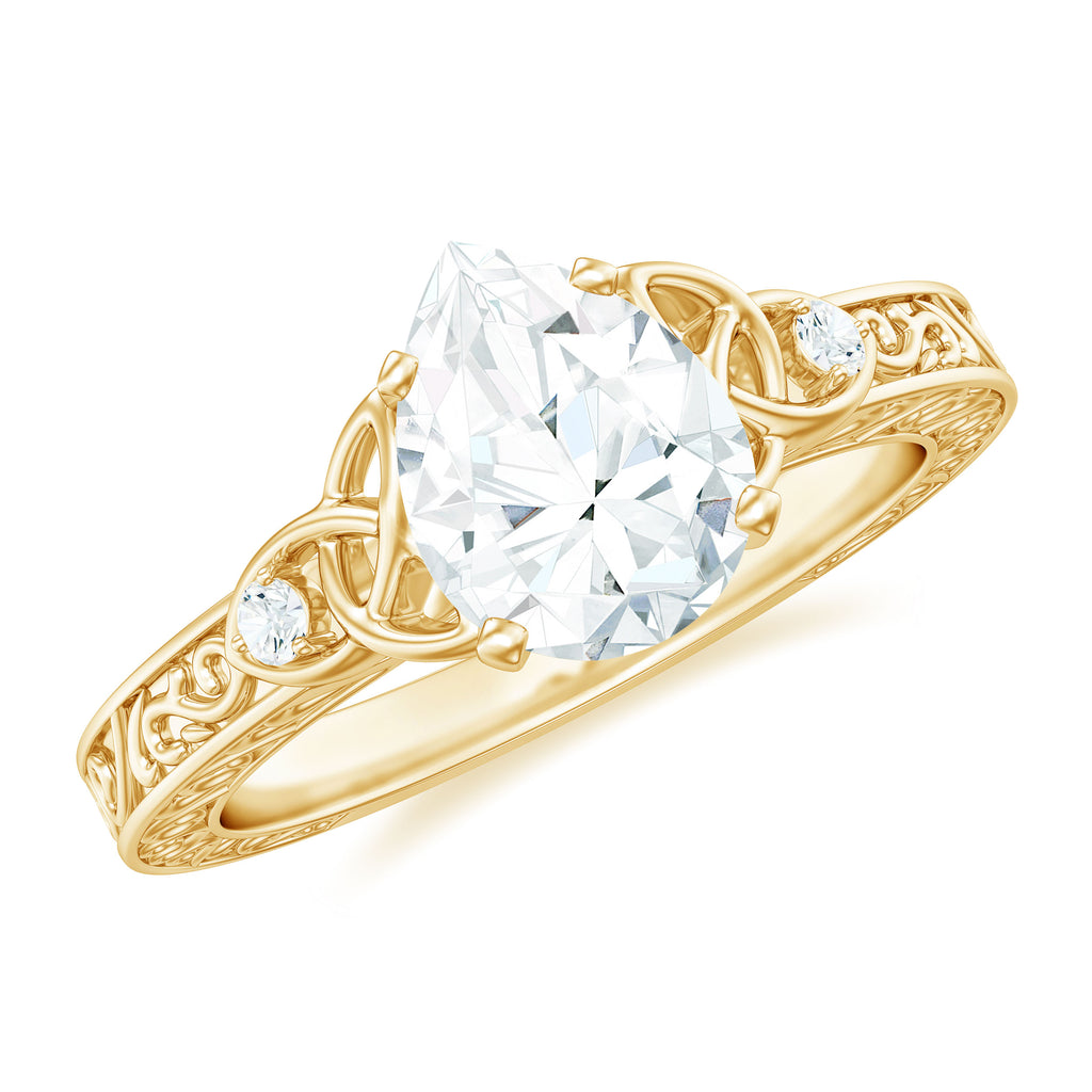 Antique Style Pear Shape Moissanite Solitaire Celtic Knot Ring in Gold Moissanite - ( D-VS1 ) - Color and Clarity - Rosec Jewels